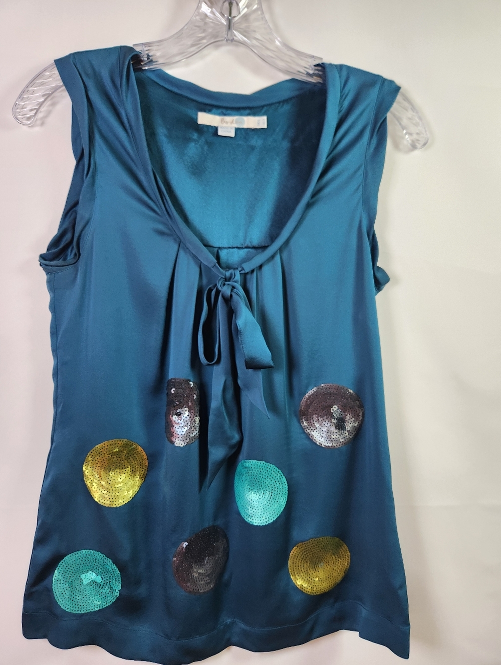 Boden Ravello Silk Sequin Sleeveless Blouse Teal 2 Tank Bow